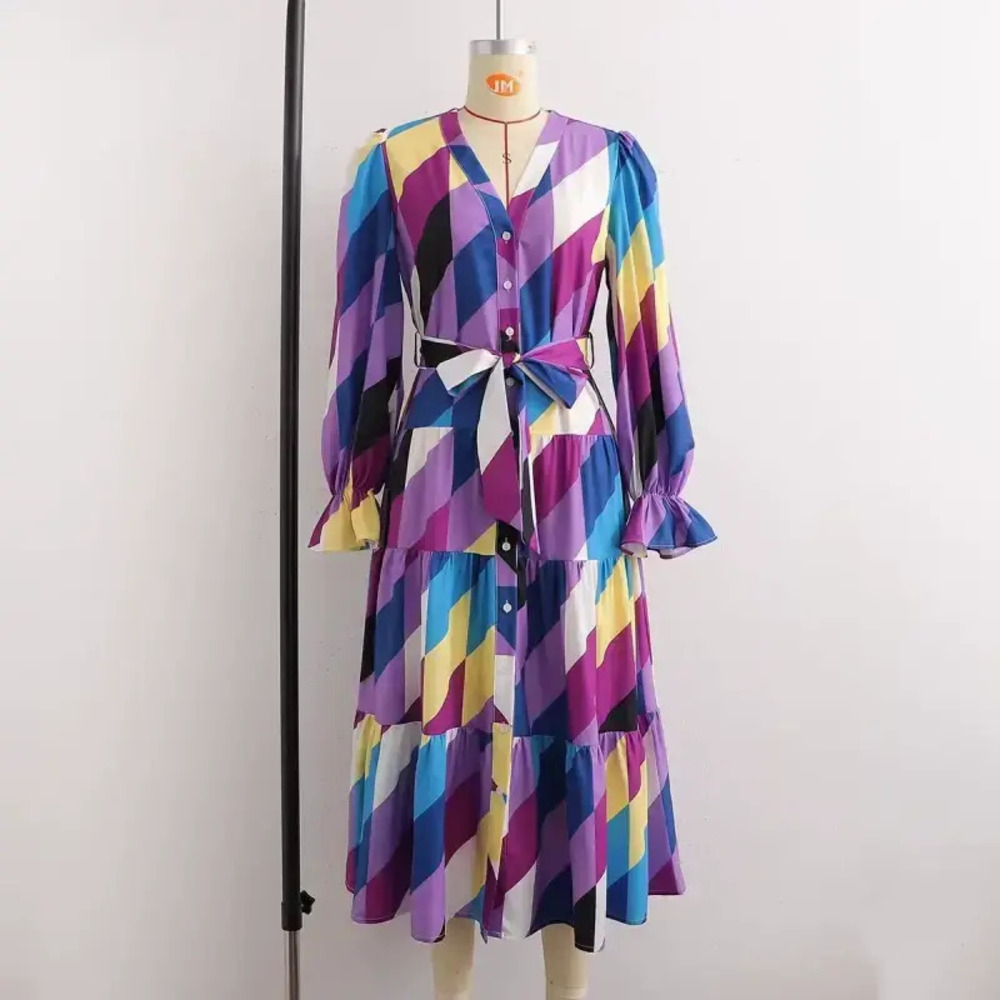 H&M Spring Long Sleeve Diamond Pattern Collared Maxi Dress - Picture 2 of 5